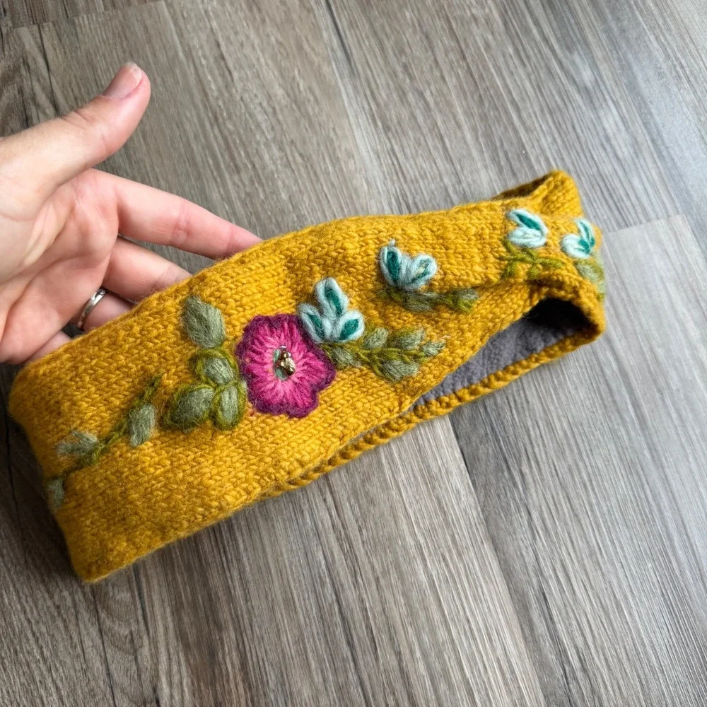 French Knot Yellow Wool Embroidered Floral Fleece Lined Ear Warmer Headband